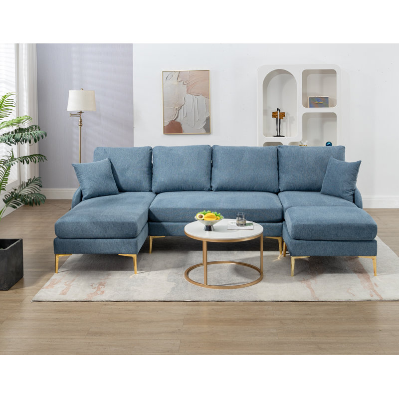 Fleurine Upholstered L-Shaped Sectional Reversible, Blue Polyester 