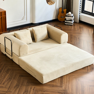 Lit pliant en velours côtelé, 5 en 1 multifonctionnel, sans montage, support pour s'asseoir, canapé convertible beige pour salon, cadre, utilisable en position assise et couchée, appartement