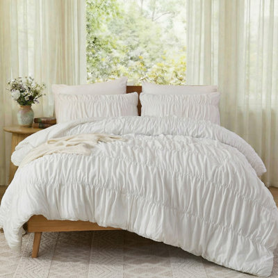 White Pure Cotton Wrinkle Duvet Cover,Ruched Bedding Comforter Cover, Duvet Cover 100% Cotton,Bohemian Dorm Bedding Set 3 Pcs 1 Boho Comforter Cover 2 Pillowcases