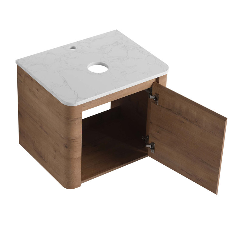 Meuble-lavabo mural 60 po avec lavabo d'art en céramique et 1 tablette de rangement, porte à fermeture en douceur