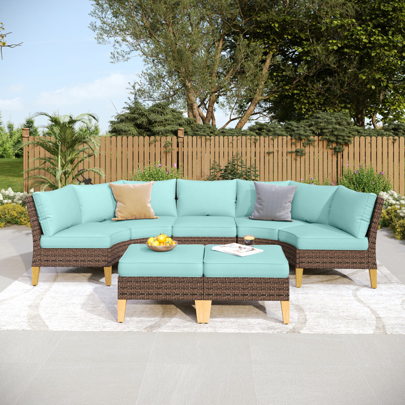 Ensemble modulaire de conversation d'extérieur en osier 7 pièces avec foyer Salem, Bleu, Non