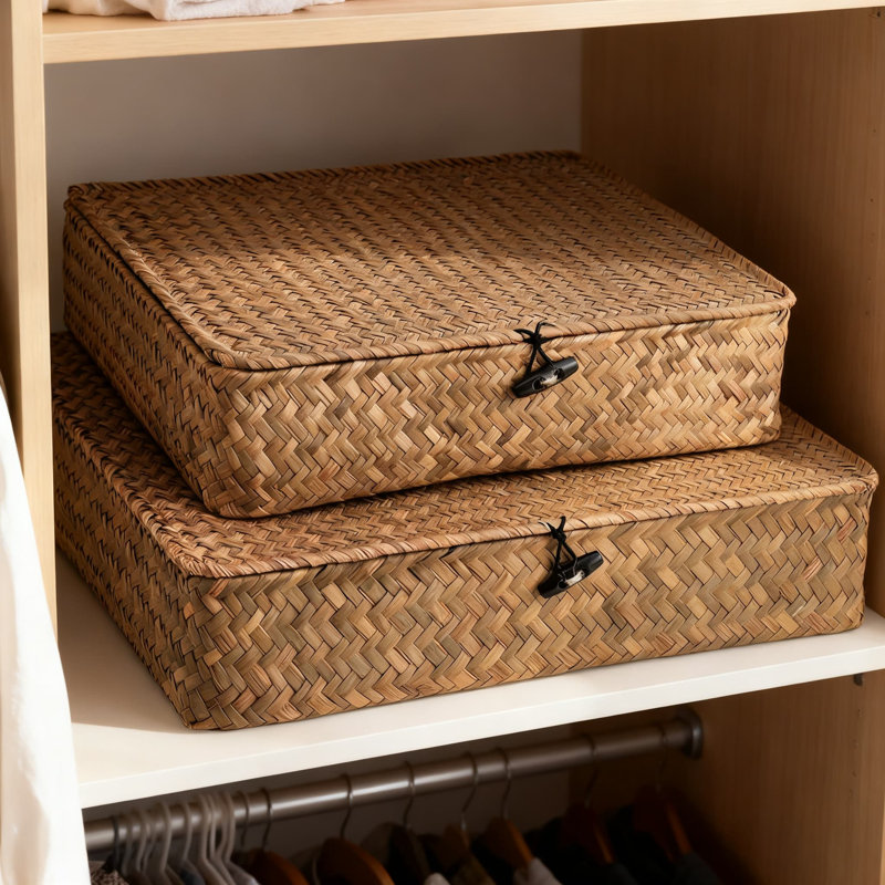 Seagrass Storage Baskets With Lids, 2-Pack Woven Rattan Organizer Bins For Home, Shelf, Closet, And Bedroom Organization