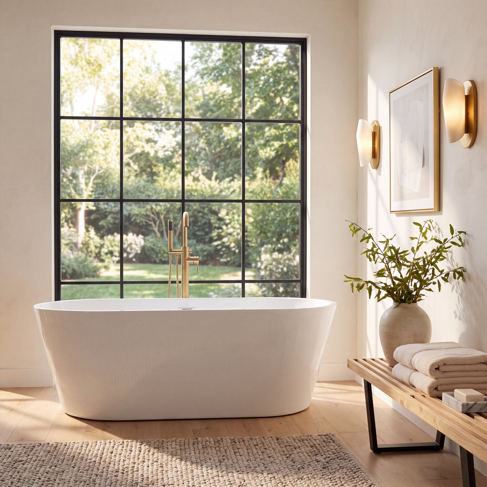 Cove 71" Freestanding Soaking Acrylic Bathtub, White/Brushed Gold