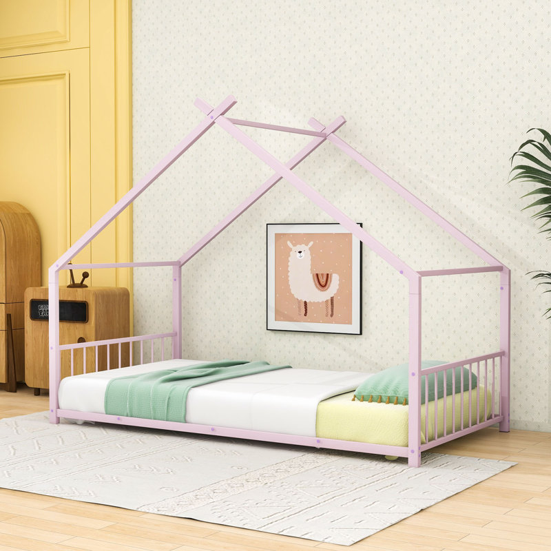 House Bed With Playhouse Design And Headboard, Twin, Pink