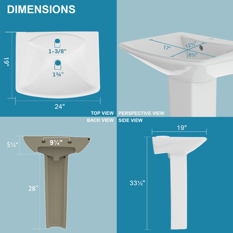 Lavabo sur pied rectangulaire en porcelaine vitrifiée l 24 po x P 19 po, 1 trou de robinet et trop-plein, blanc, Blanc lustré