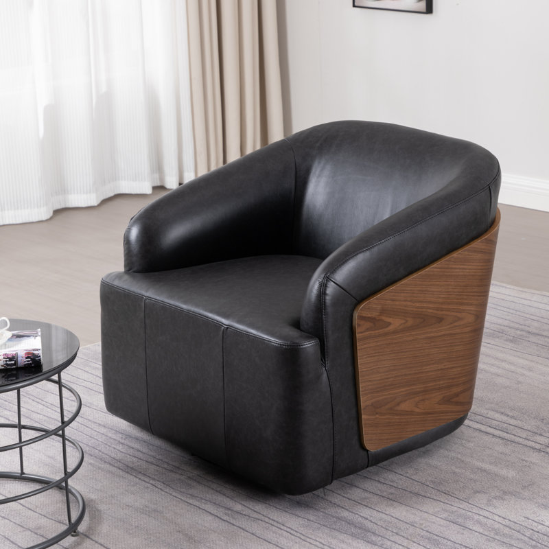 Fauteuil demi-tonneau pivotant en cuir véritable, Noir rétro