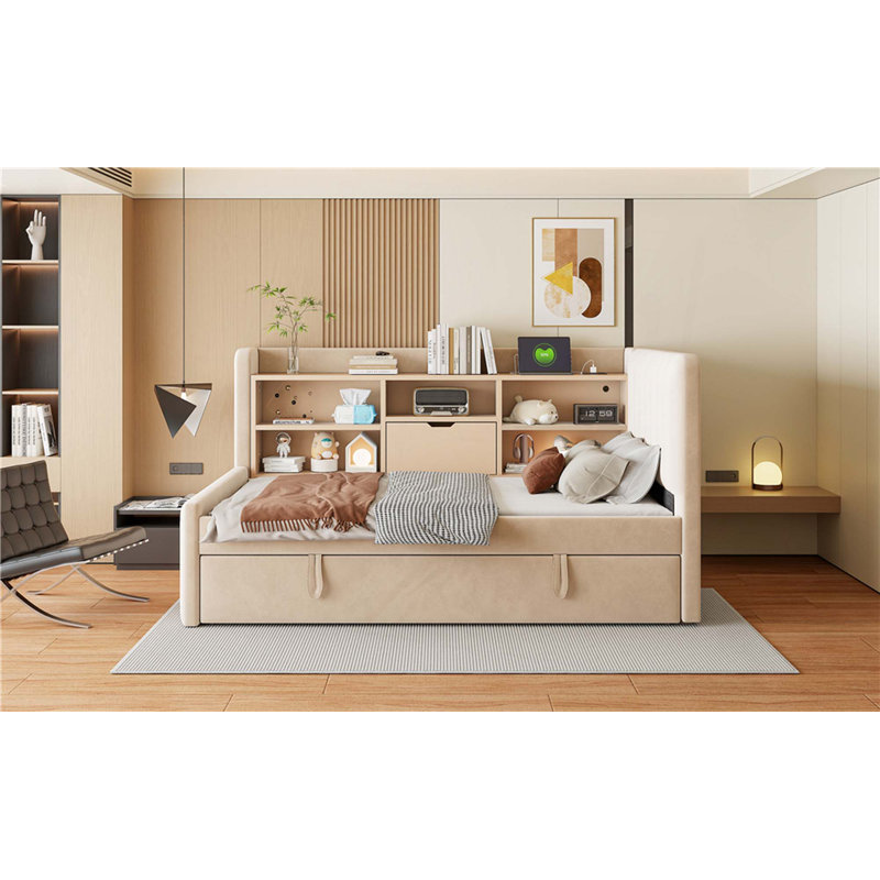 Lit de jour simple rembourré avec lit gigogne, tablettes de rangement, port USB et prise de courant, Beige