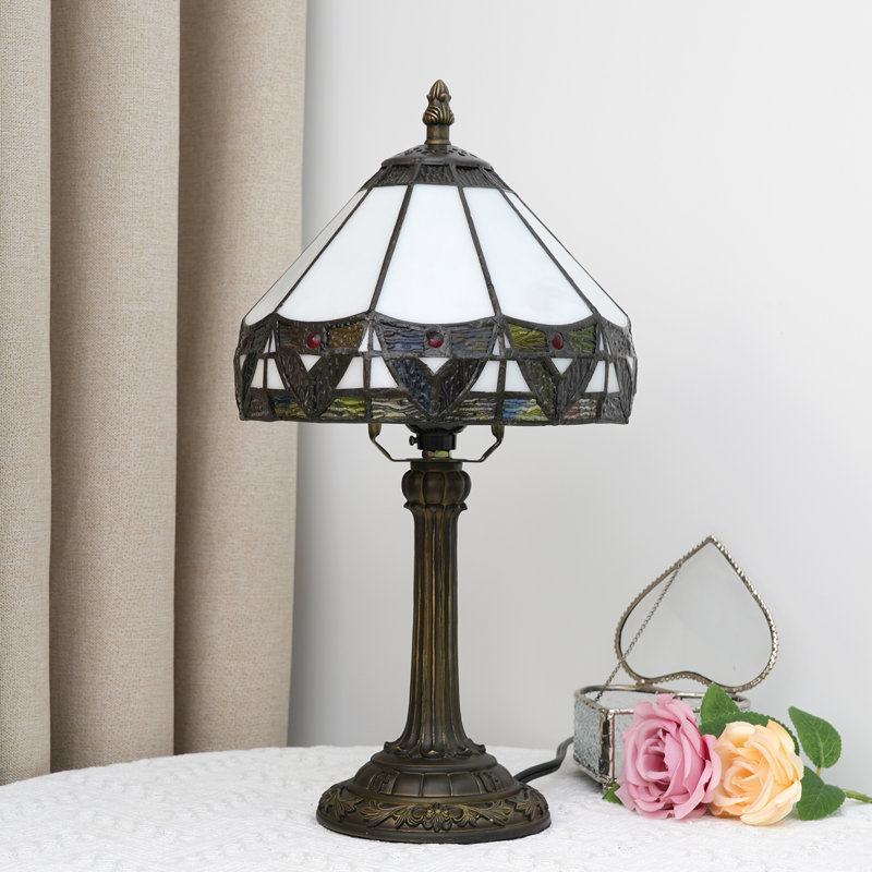 14''H Tiffany Style Table Lamp Resin Base And Stained Glass Table Lamp, White