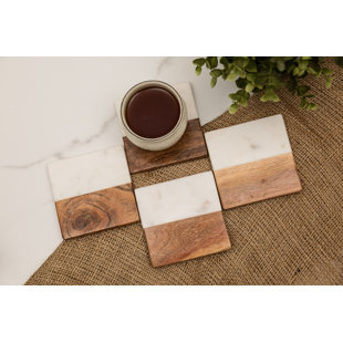 Four Square Acacia Wood and Marble Coasters Set
