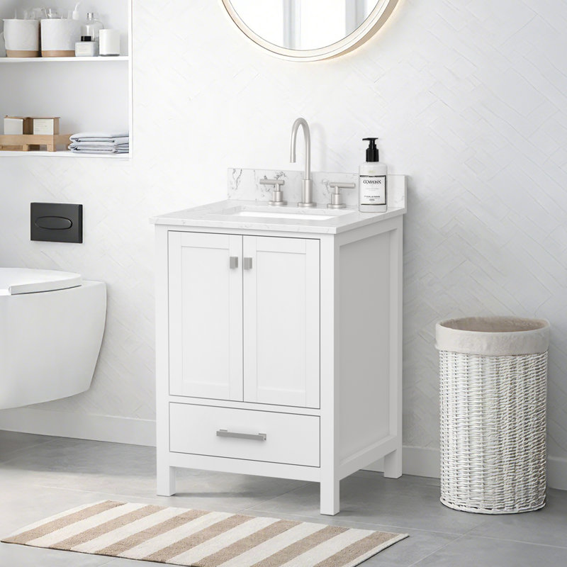Ensemble de meuble-lavabo simple 24 po Cholena, Blanc, Nickel brossé