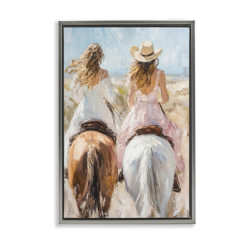 «Cowgirl Friends & Horses», art mural encadré sur toile flottante dorée, design par Heidi Kuntz, H 25 po x l 17 po