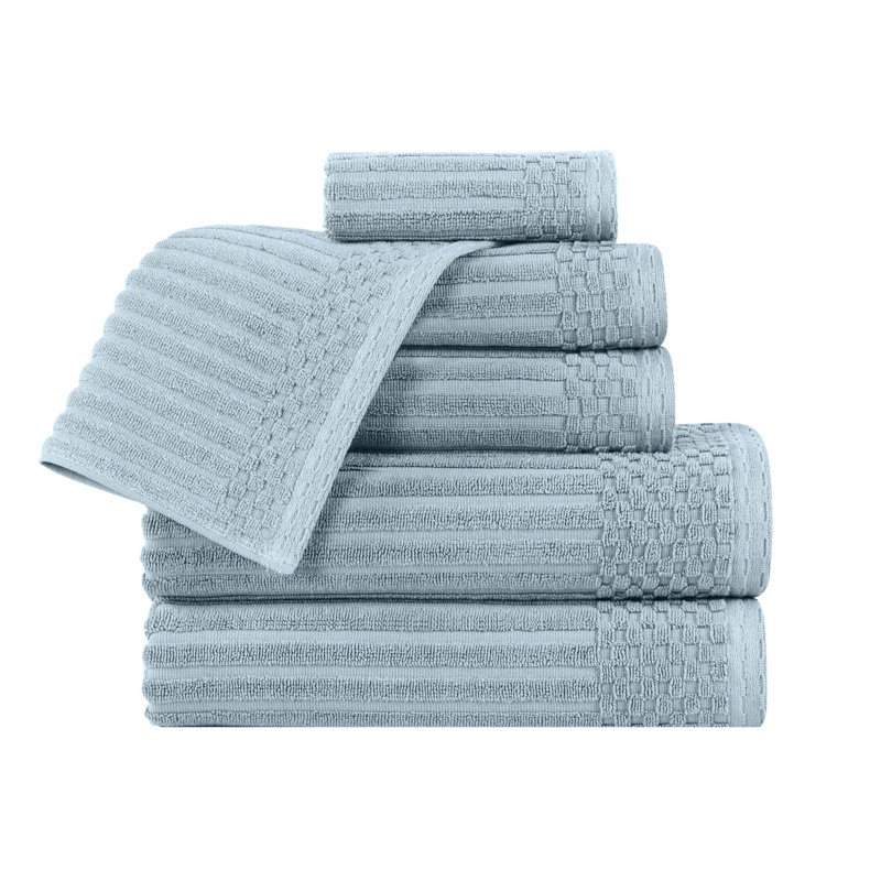 Ensemble de serviettes en coton très absorbant de six articles avec bordure unie et carreauté Ruvins, Bleu ardoise