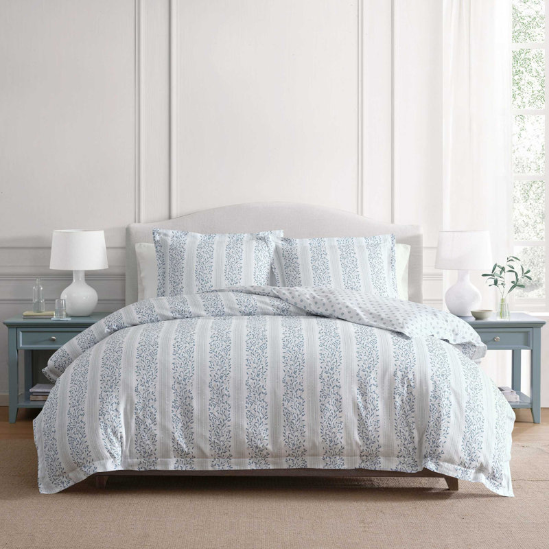 Martha Stewart Verbena Stripe Cotton Reversible Blue Comforter Set, Blue Floral 1, Twin Comforter + 1 Standard Sham