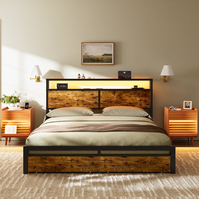 Ensemble de chambre à coucher 3 pièces, lit plateforme avec 4 tiroirs de rangement et charge USB, 2 tables de chevet avec lumières DEL