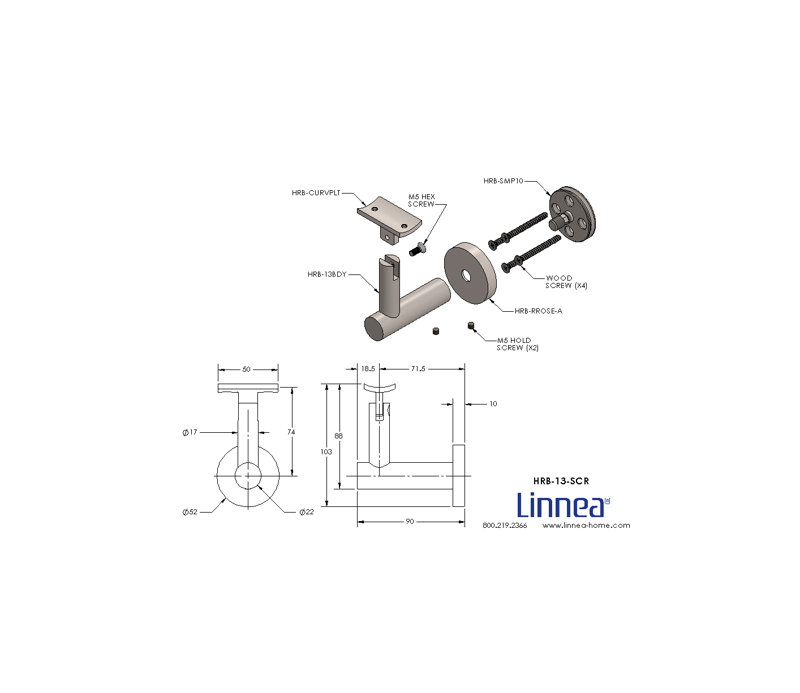 Surface Mount Handrail Bracket with Round Rose and Curved Plate, Satin Stainless Steel