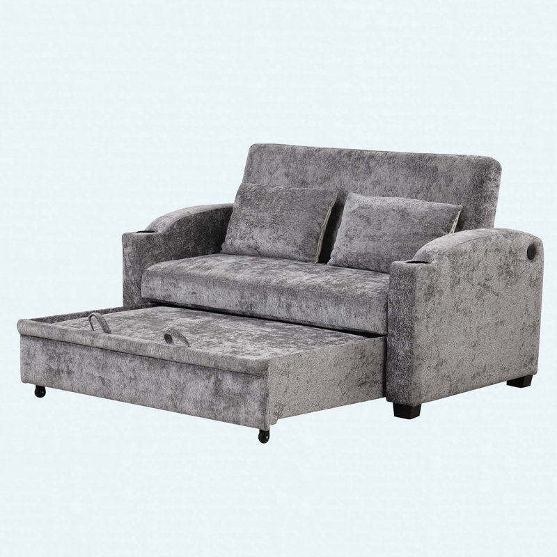 Canapé-lit convertible en chenille de 61,6 po avec dossier réglable, 2 coussins, porte-gobelets et ports USB, Gris