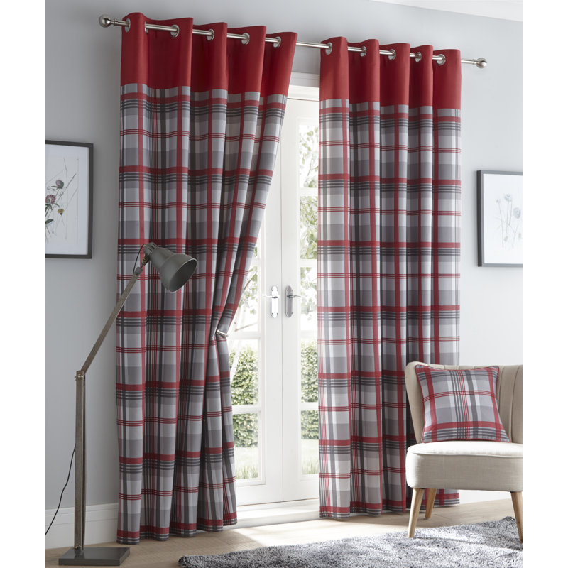 Earlton Orleans Curtains Check Striped Fully Lined Eyelet Ring Top Curtains, 229cm Width x 229cm Drop, Red