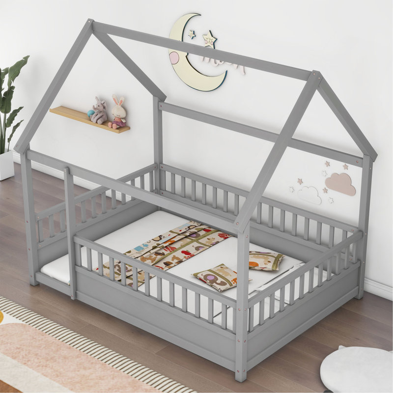 Full Size Floor Wooden Bed With House Roof Frame, Fence Guardrails,Grey, Gray, Full