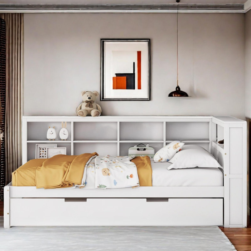 Wooden Daybed With Twin Size Trundle, Storage Shelf And Usb Charging Ports, Twin, White