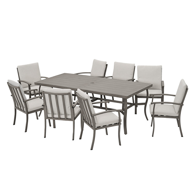 Willesden Rectangular Aluminum Dining Set with Cushions, 8, Grey