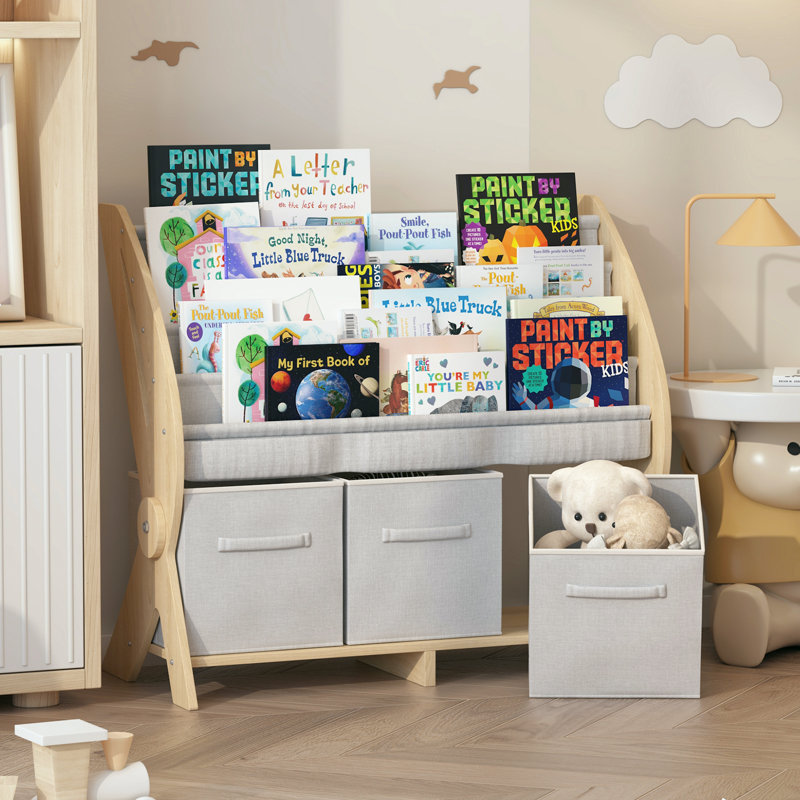 Alexine 3 in 1 Kids Bookshelf and Toy Storage Organizer, 4 Tier Wooden Kids Montessori Bookcase, 80cm H X 89.9cm W X 44.5cm' D