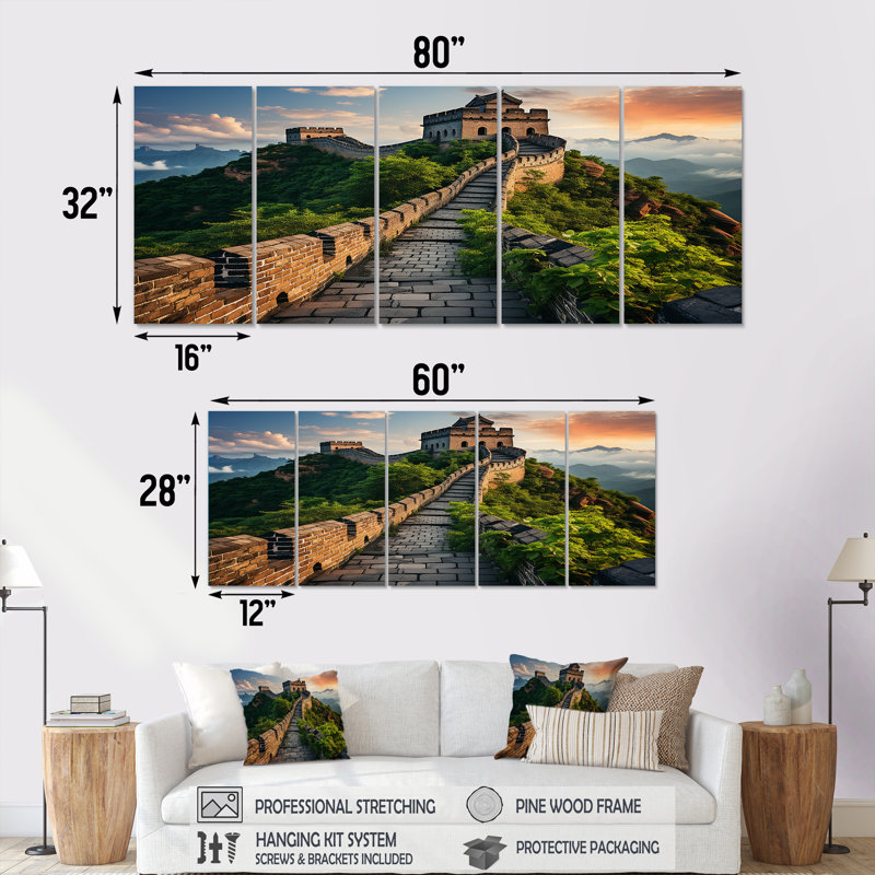 Grande muraille de Chine au coucher du soleil - Chine, art mural 5 pièces, H 28 po x l 60 po