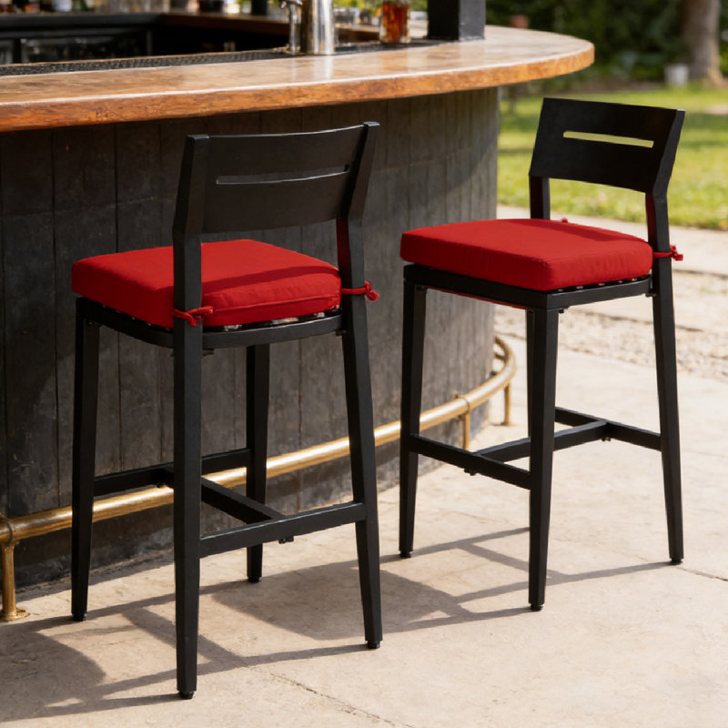 Tabourets d'extérieur en aluminium avec coussins Sunbrella, Rouge Jocky