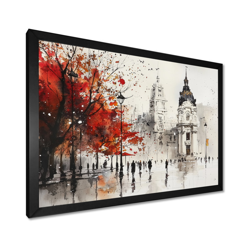 Vibrant Madrid Streets In Autumn I - Madrid Wall Art, 12" H x 20" W, Single Picture Framed Print without Mat, Black