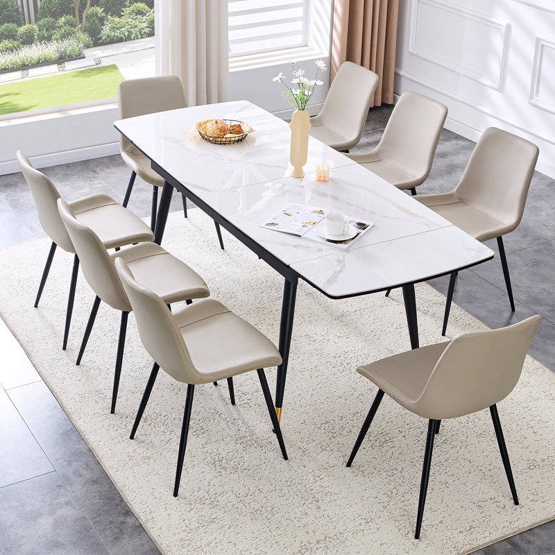 Ensemble de table de salle à manger en pierre frittée extensible de 55 à 79 po avec rallonge cachée et pieds en métal, 9