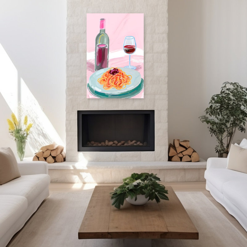 Spaghetti et vin rouge, art mural contemporain romantique, H 48 po x l 32 po