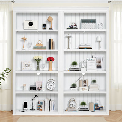 84" LED Bookcase Suite (2-Piece) - 5-Tier Solid Wood Bookshelf & MDF Shelving System with Light Strips, 55LB/Shelf