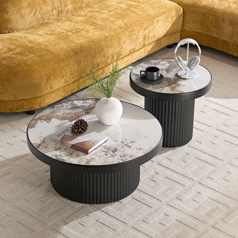Ensemble de 2 tables basses, table basse ronde en panneau de fibres à densité moyenne en bois aggloméré pour salon, espace de loisirs