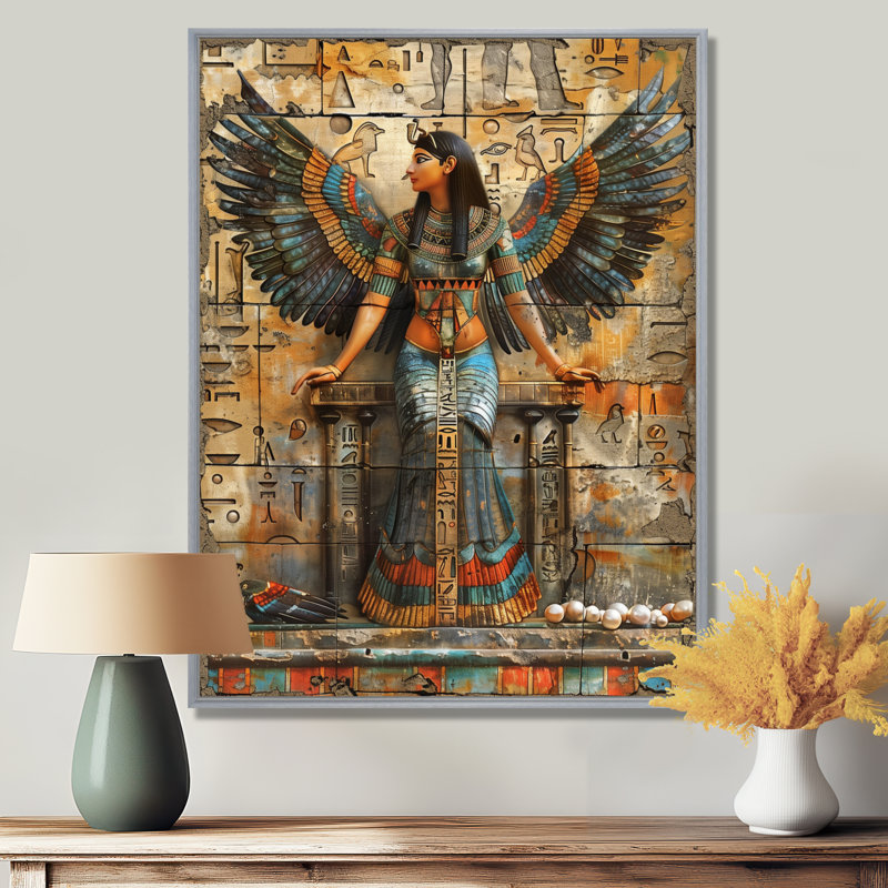 Décoration murale bleue et beige, déesse égyptienne III - Égypte, Toile argentée avec cadre flottant
