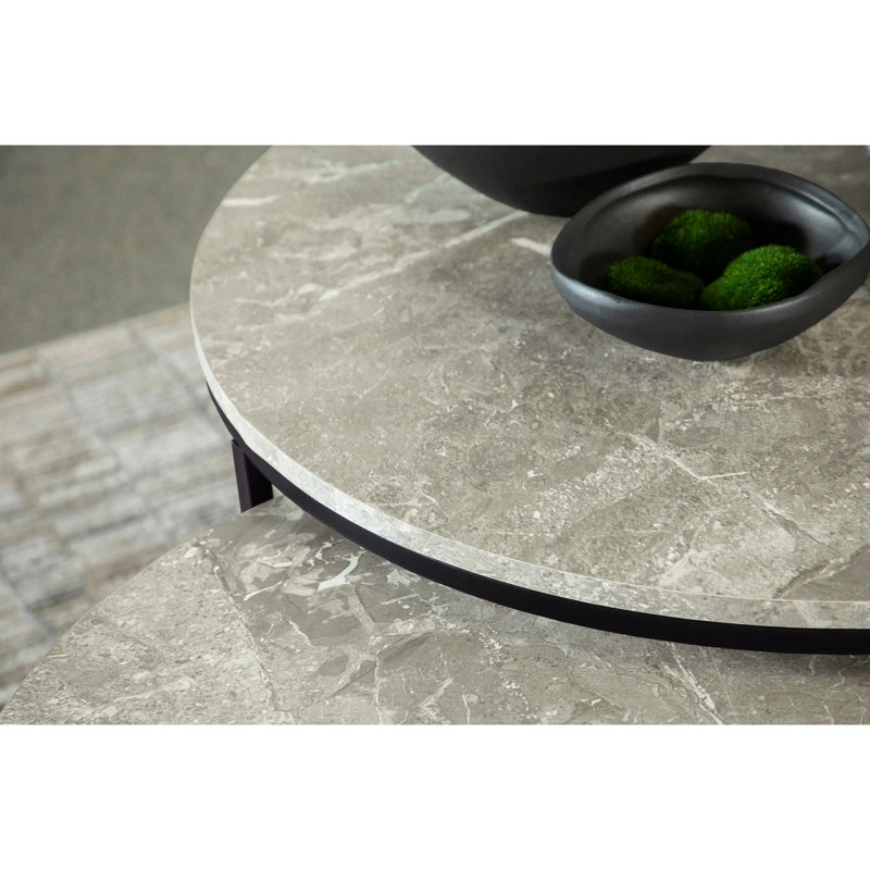 Round Coffee Table With Two - Piece Nesting Design, Grey Faux Marble Tops, Gunmetal Frames, 19.5H X 35W 35D Inches, Functional For Multifunctional Areas Finish And Space Saving, 35 Inches In