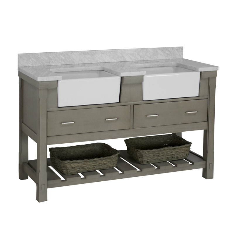 Ensemble de meuble-lavabo double 60 po Hitton, Gris patiné, Carrara d'ingénierie