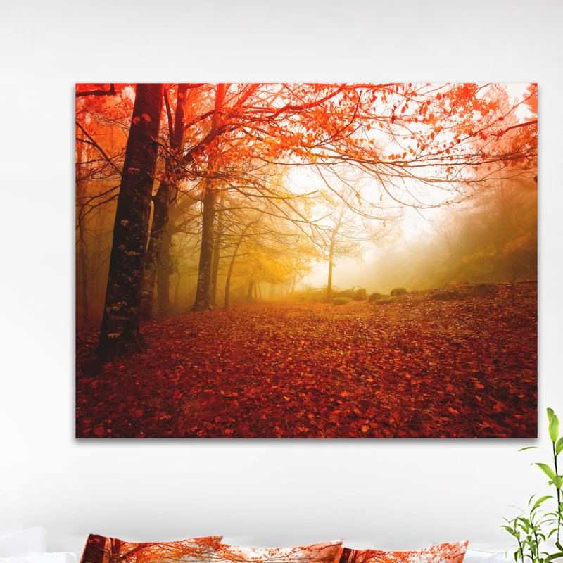«Yellow Sun Rays in Red Forest», reproduction de photo sur toile tendue, H 20 po x l 40 po x P 1po, Toile tendue