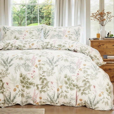 100% Cotton Duvet Cover King Size Sage Green Floral Bedding Set Reversible Botanical Comforter Cover 3 Pcs Vintage Cottagecore Aesthetic Soft Bedding Sets for All Season