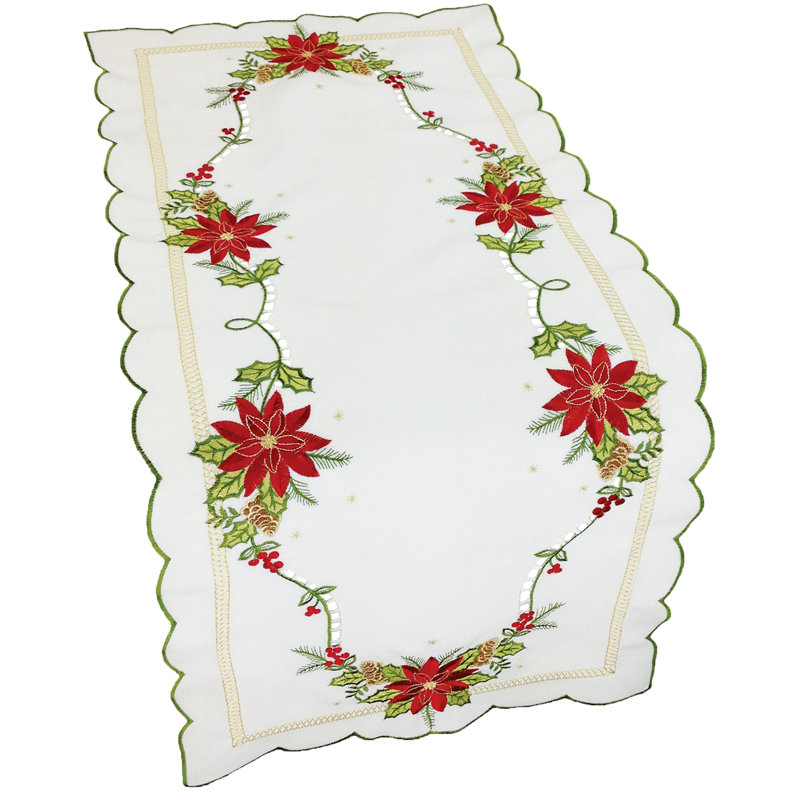 Scrolling Poinsettia Embroidered Cutwork Table Runner, 34" L x 16" W