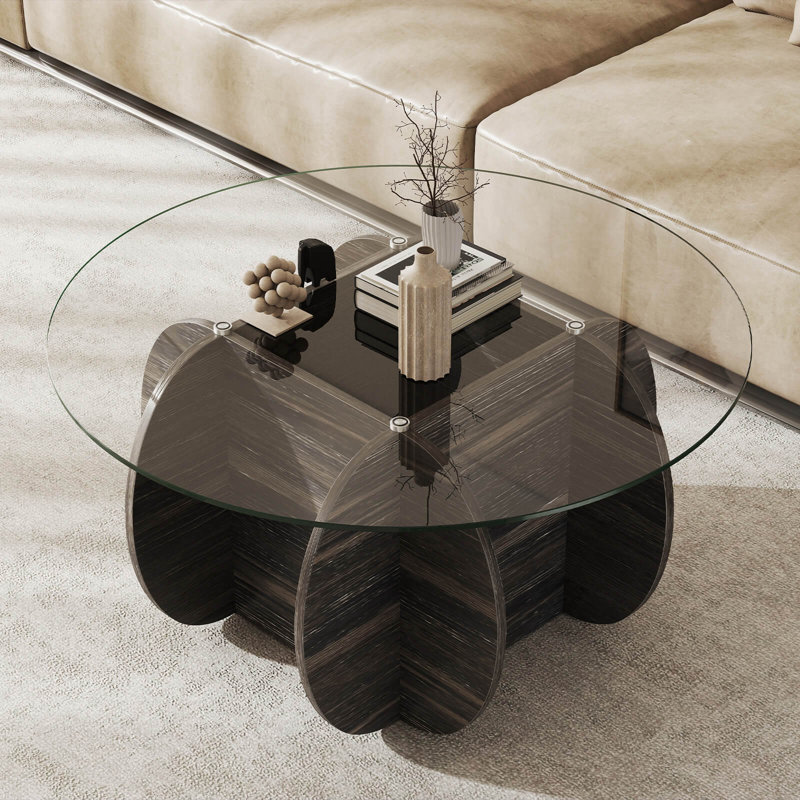 35" Round Coffee Table Modern Accent Table with Tempered Glass Top for Living Room