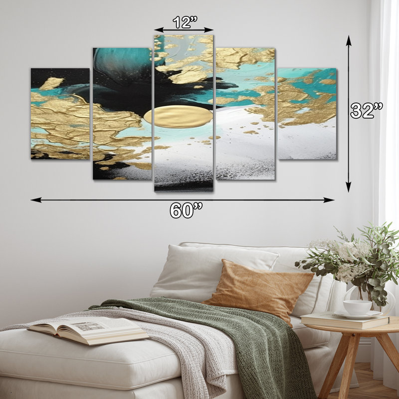 Pleine lune bonheur abstrait turquoise I - art mural abstrait salon - 5 panneaux