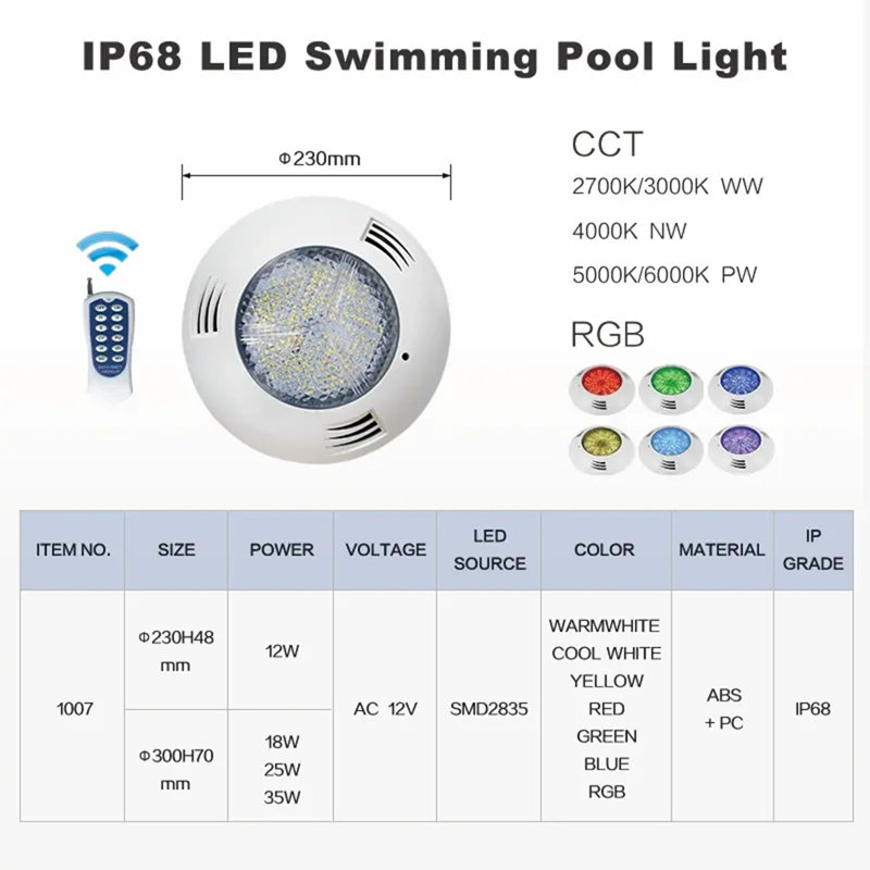 Lumière DEL imperméable pour piscine avec télécommande