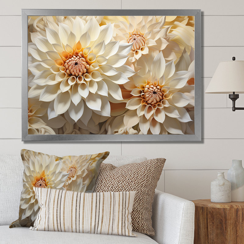 Dahlia blanc minimalisme sur toile, H 24 po x l 32 po x P 1 po, Cadre simple argenté