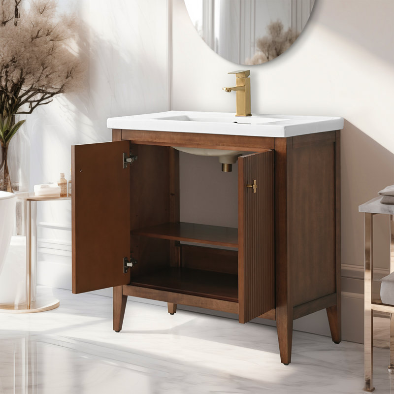 Meuble-lavabo sur pied à simple cuve 30 po avec plateau en céramique blanche, Noyer linéaire, Doré brossé, 30"