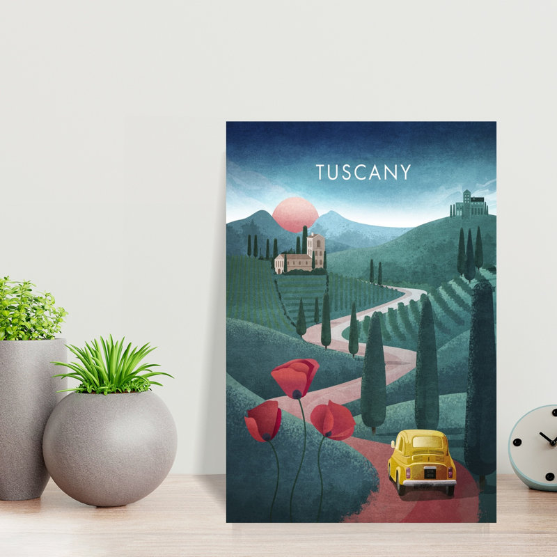«Tuscan Dream Drive», art rétro coloré, paysage de coquelicot rétro, H 18 po x l 12 po