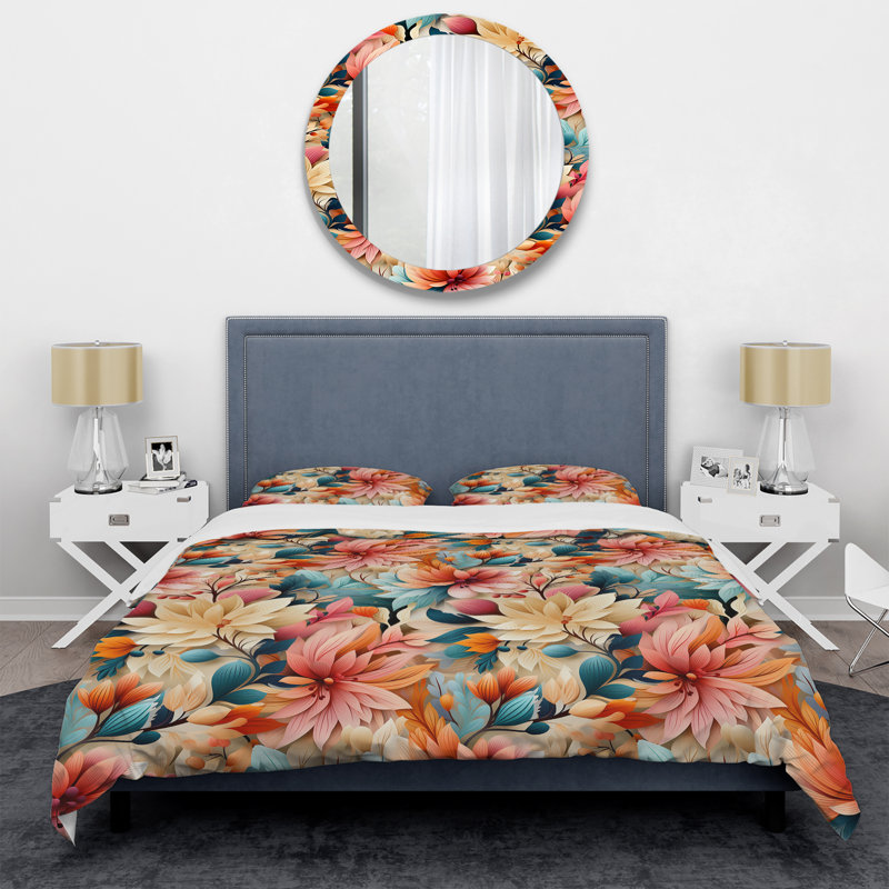 Ensemble de housse de couette éclectique beige et rose Poppies Expression II, Housse de couette pour très grand lit et 2 très