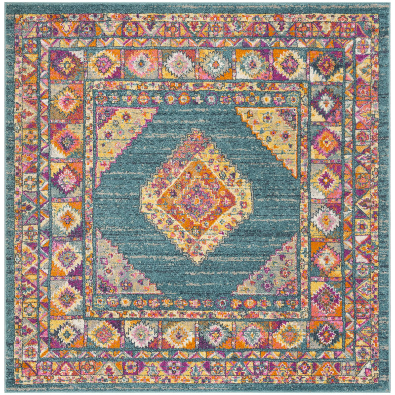 Tapis oriental Felty, Carré 6 pi 7 po, Bleu clair / orange