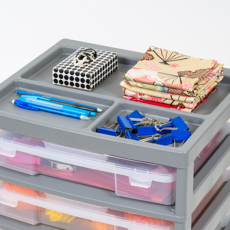 Clear and Gray 5-Drawer Rolling Storage Cart with Organizer Top