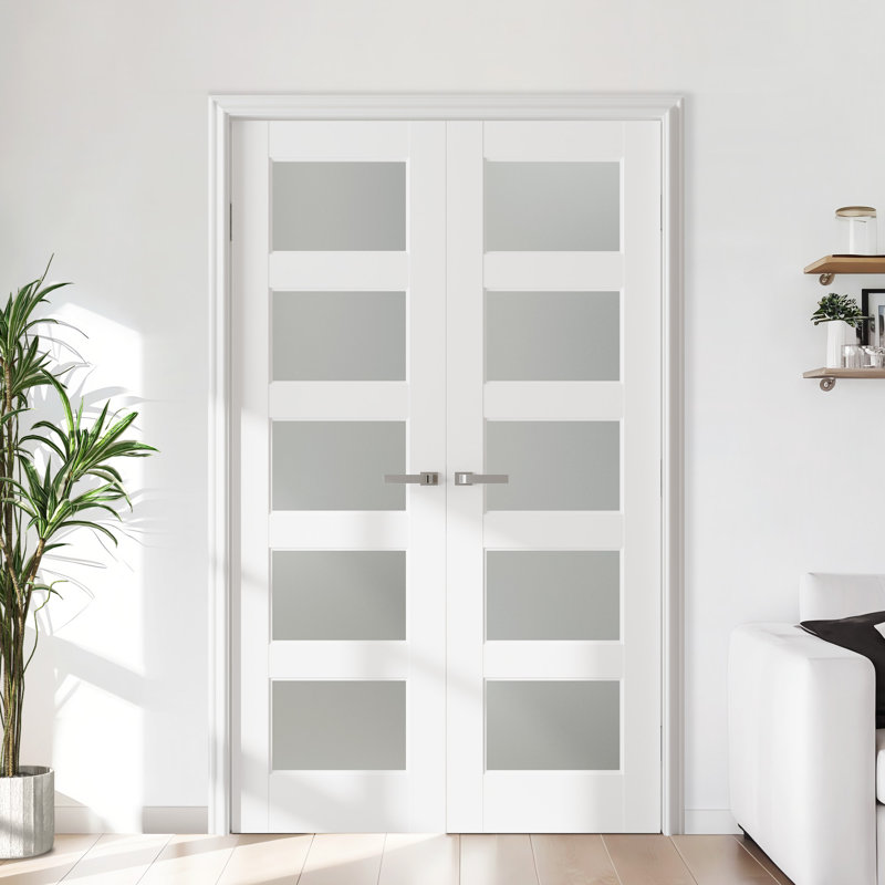 (Paquet de deux) 5 portes en verre givré et en bois massif apprêté, dalles à double porte sans trousse de quincaillerie