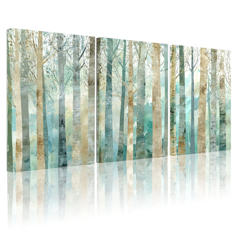 Ensemble de 3 tableaux muraux aquarelle sur toile tendue représentant une forêt de bouleaux, H 36 po x l 72 po