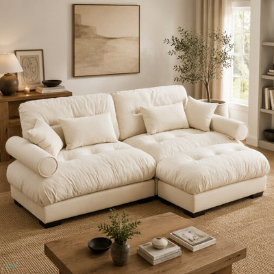 Over Size Modern Two-seater Sofa with Ottoman, Velvet 2-Seater with Round Bolster Armrests,With Waist Pillow and Throw Pillows,Small L Shape Sofa For Living Room, Reading Room , Loft and Bedroom,Cream